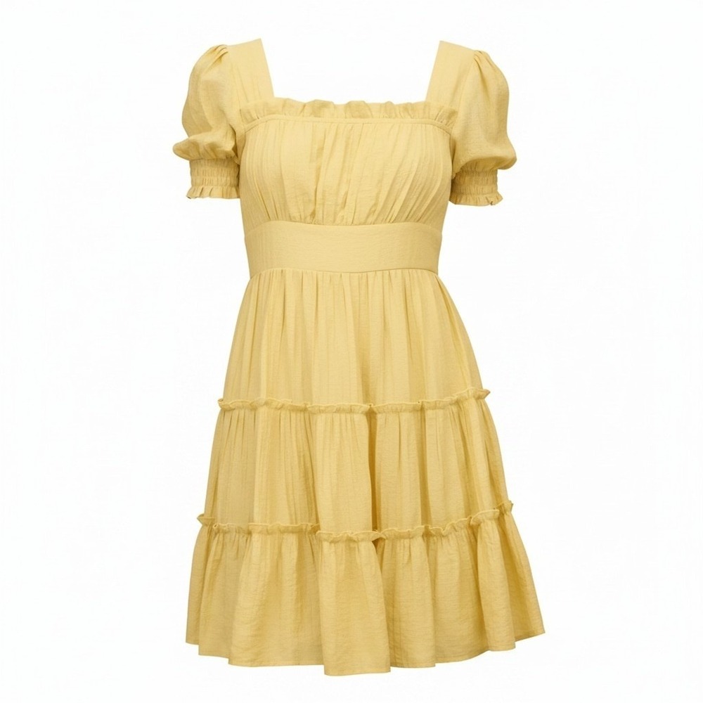 NWT Blu Pepper Mine Tiered Mini Dress Womens Medium Yellow Puff Sleeve Smocked